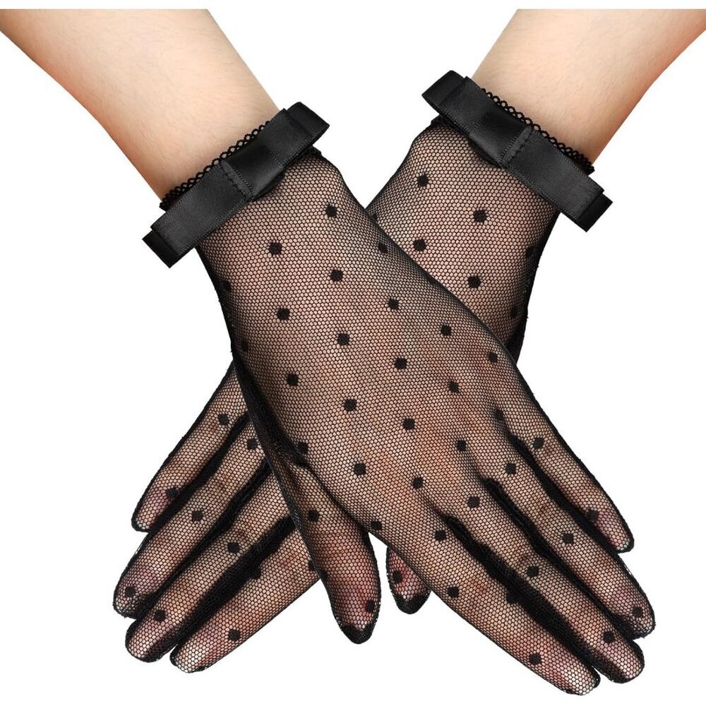 Women's Black Short Mesh Lace Gloves Polka Bow Dots Vintage Tea Party Dinner